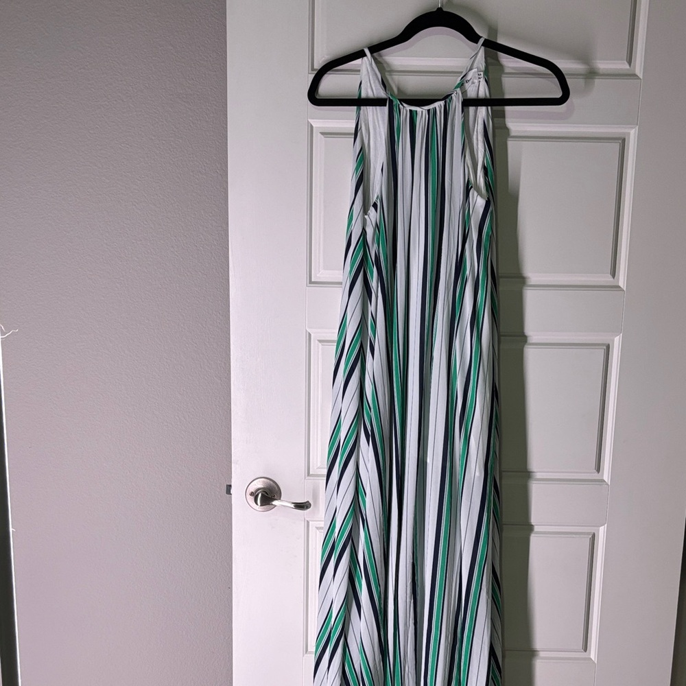 Elegant Green and White Striped Maxi Dress